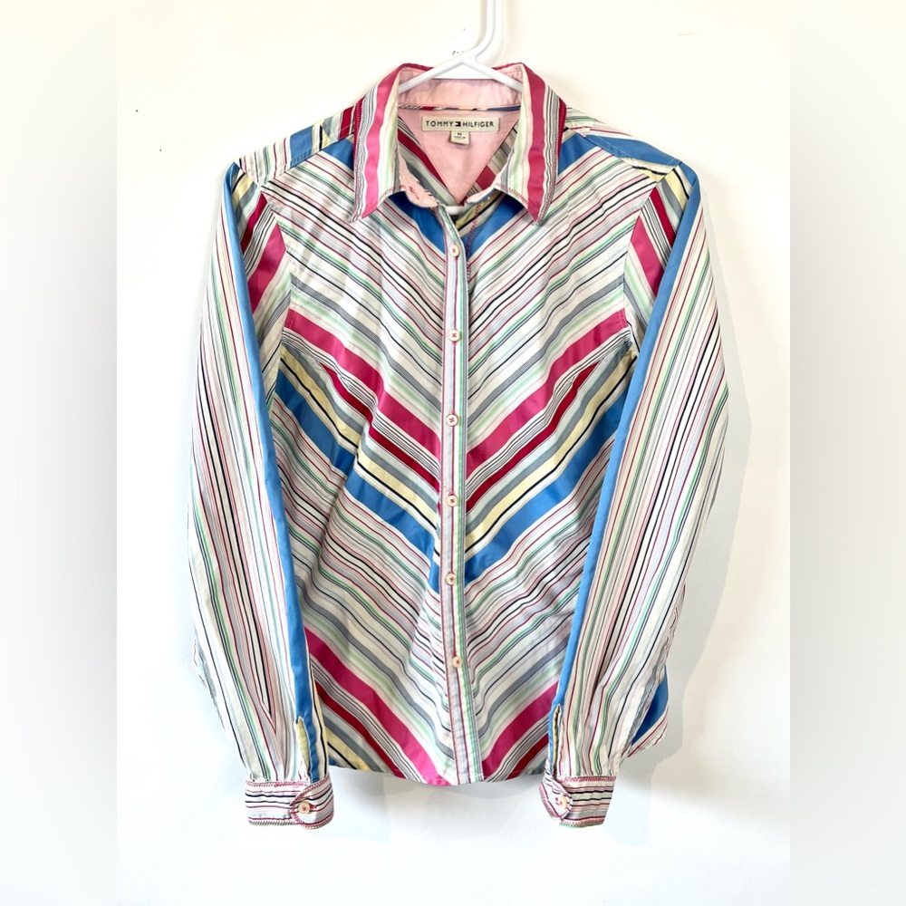 Vintage Tommy Hilfiger Women's Y2K Striped Button Up Blouse Top Size Med 2004